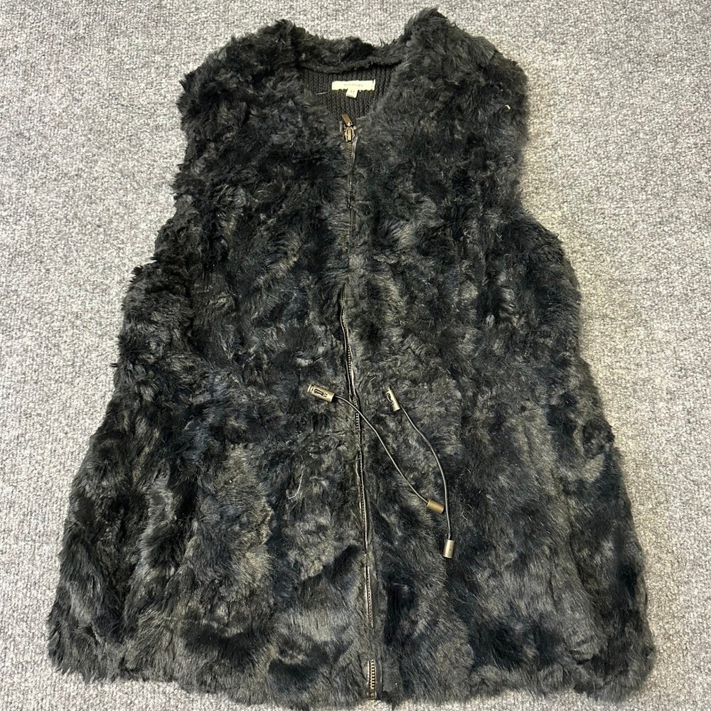 Maurices Vest Womens XL Black Faux Fur Ribbed Knit Zip Up Drawstring Waist Cozy